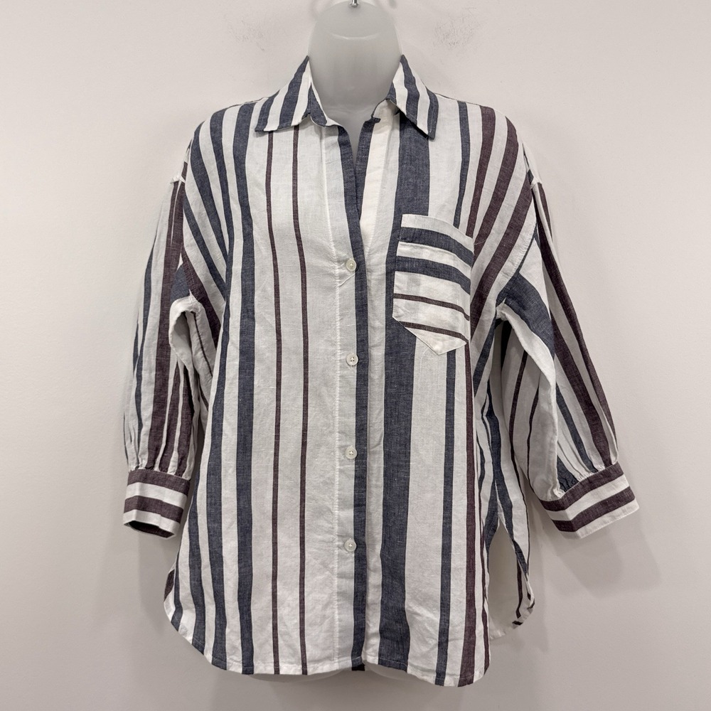 Madewell Shirred Button Up Shirt S NWT Linen Nantucket Nautical Preppy Coastal